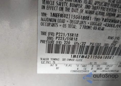 2005 Mercury Montego Premier z USA, uszkodzony, nr VIN 1MEFM42115G618081